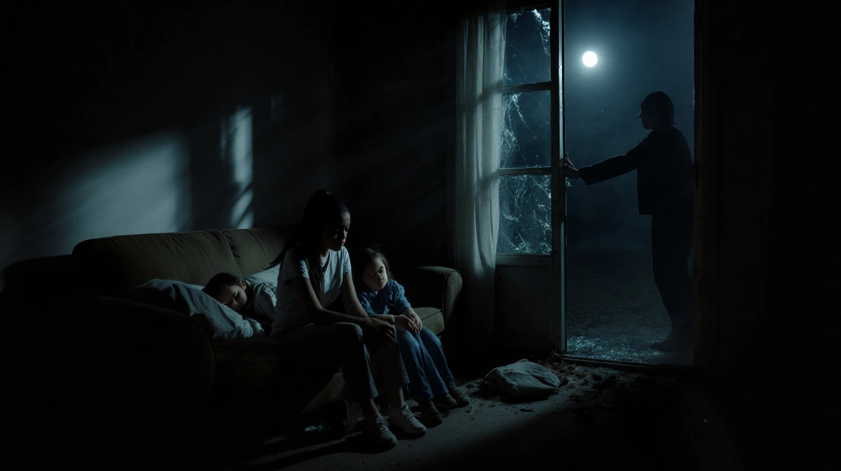 Young mother sitting distressed on couch with sleeping children nearby and shadowy figure behind her