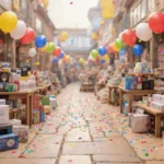 Colorful marketplace with tech gadgets and home essentials surrounded by balloons and confetti