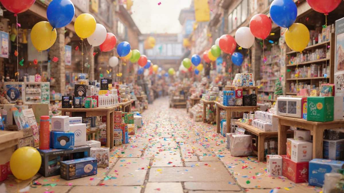 Colorful marketplace with tech gadgets and home essentials surrounded by balloons and confetti