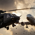 Two aircraft hover in midair during a collision with rotors and sputtering engines near golden glow and scattered debris