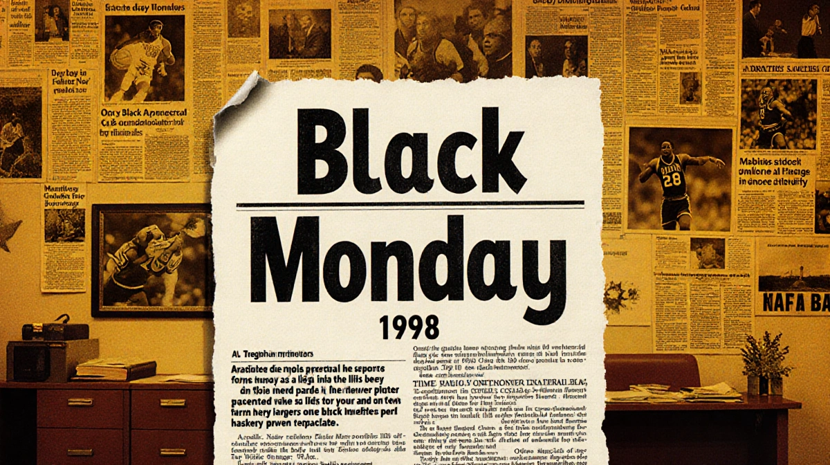 Illustration shows 1998 newsroom with clipping titled Black Monday of sports clippings in colors.