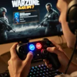 Gamer holding controller with glowing Double XP tokens and Black Ops Warzone mobile screen showing behind hands