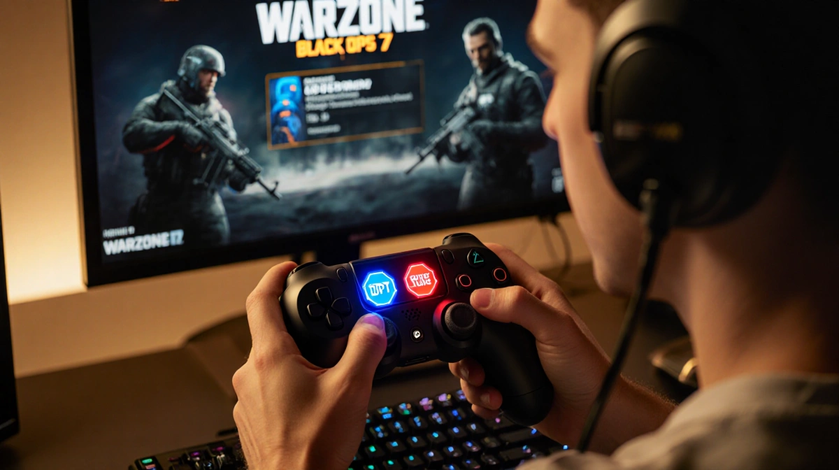 Gamer holding controller with glowing Double XP tokens and Black Ops Warzone mobile screen showing behind hands