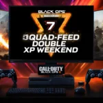 Gaming setup shows Black Ops 7 Quad Feed Double XP Weekend logo on screen with controllers and neon lighting