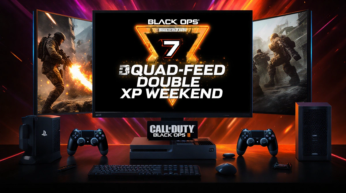Gaming setup shows Black Ops 7 Quad Feed Double XP Weekend logo on screen with controllers and neon lighting