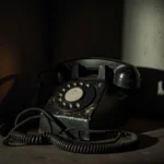 Cracked old phone receiver rests with tangled cord and eerie flickering glow casting shadows on wall