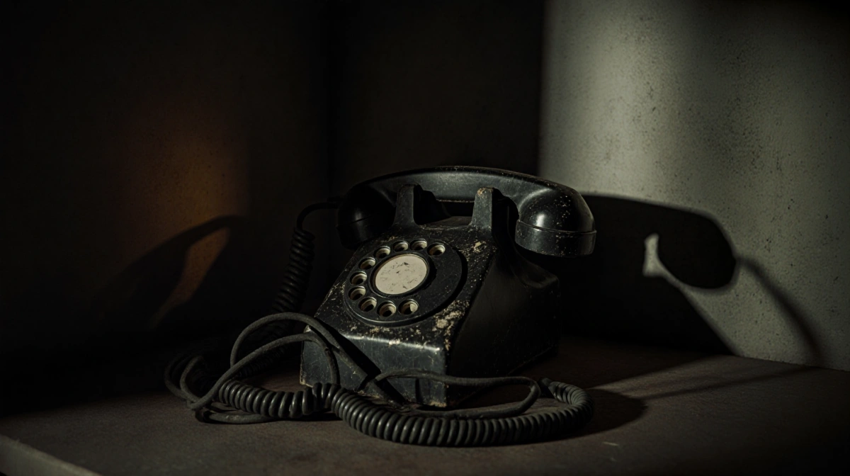 Cracked old phone receiver rests with tangled cord and eerie flickering glow casting shadows on wall