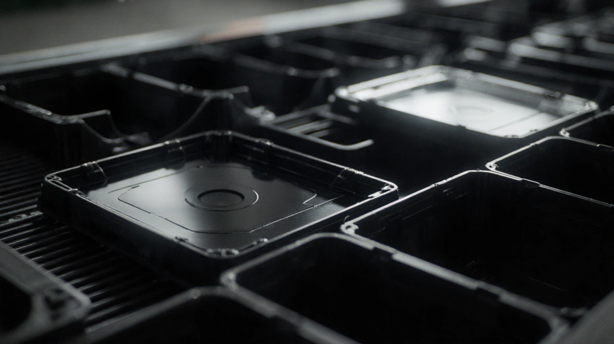 Plastic trays moving through optical recycling sorter with dark lids hidden and illuminated trays visible on conveyor belt