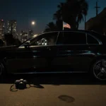 Black sedan parked on dim street with camera near its passenger door and a flag emblem on its rear window