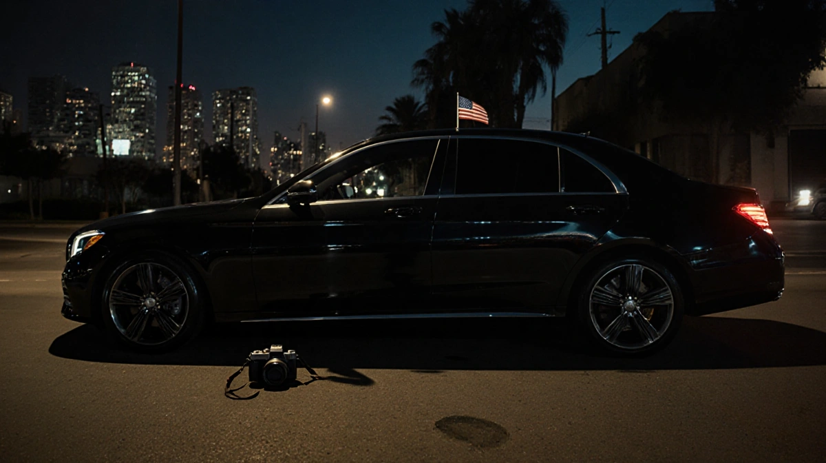 Black sedan parked on dim street with camera near its passenger door and a flag emblem on its rear window