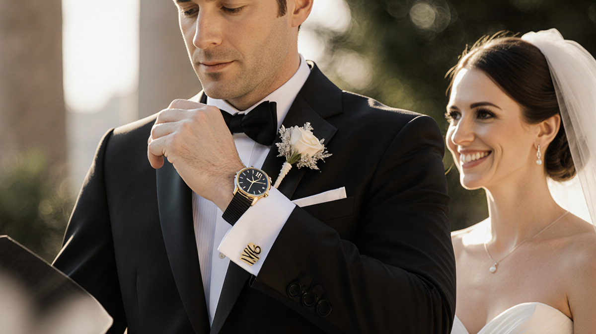 Will Reeve standing at altar with tuxedo gold cufflinks holding IWC watch while Amanda smiles beside him in wedding ceremony