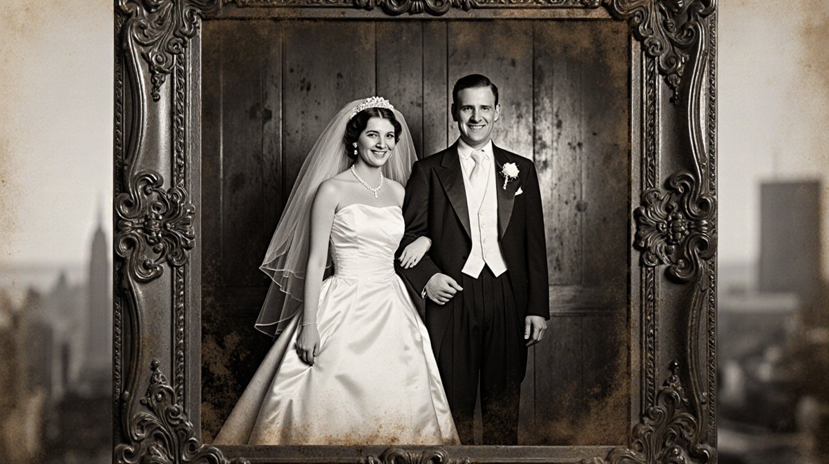 Bride and groom holding hands in black-and-white wedding photo with faded frame and blurred city skyline
