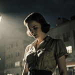Elizabeth Short stands on a Los Angeles street with a film noir streetlamp and a spotlight on her face she gazes down