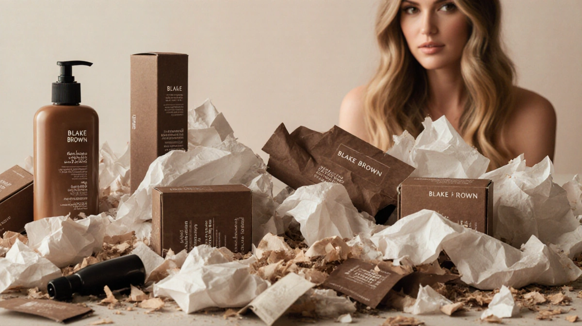 Blake Brown haircare products scattered across messy table with crumpled tissue paper and broken packaging showing chaotic pr