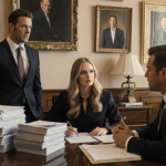 Blake Lively sits at a polished wooden desk in a Hollywood courtroom with Justin Baldoni stern and a celebrity arguing.