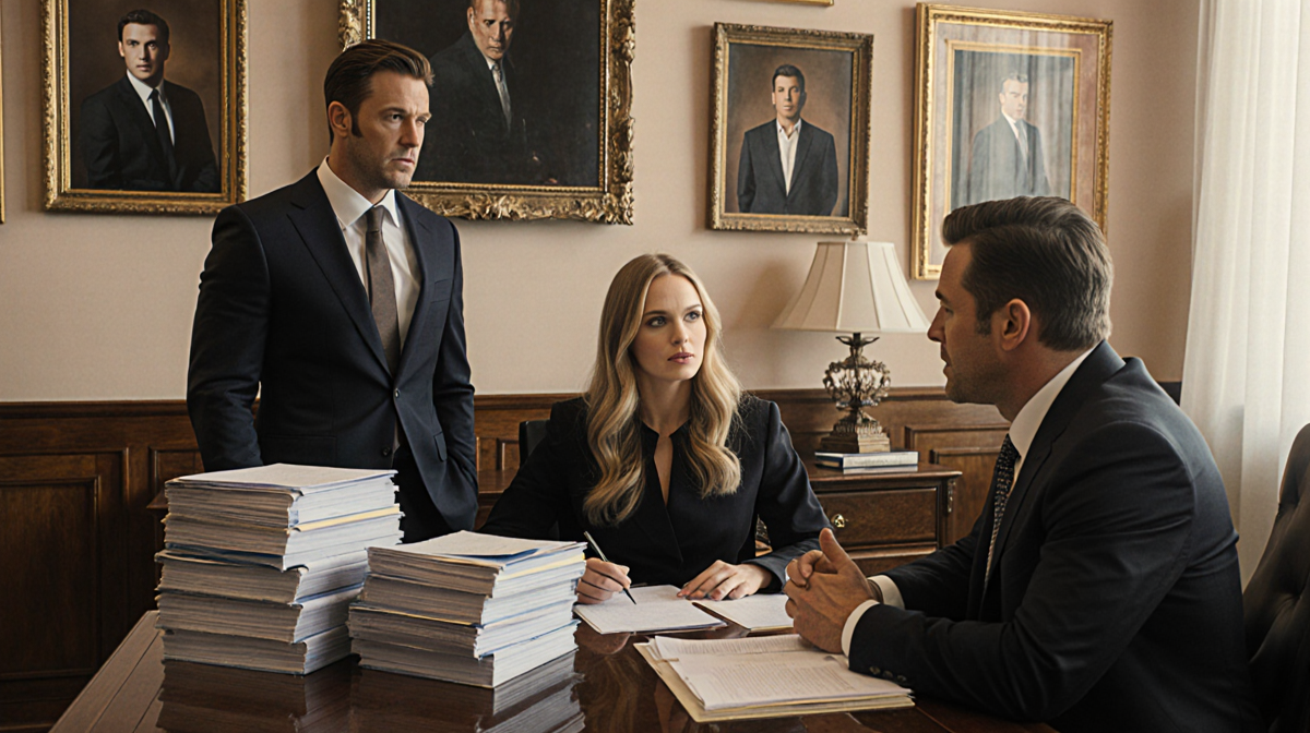 Blake Lively sits at a polished wooden desk in a Hollywood courtroom with Justin Baldoni stern and a celebrity arguing.