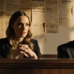 Blake Lively testifying in courtroom with lawyer beside her and justice documents on wall