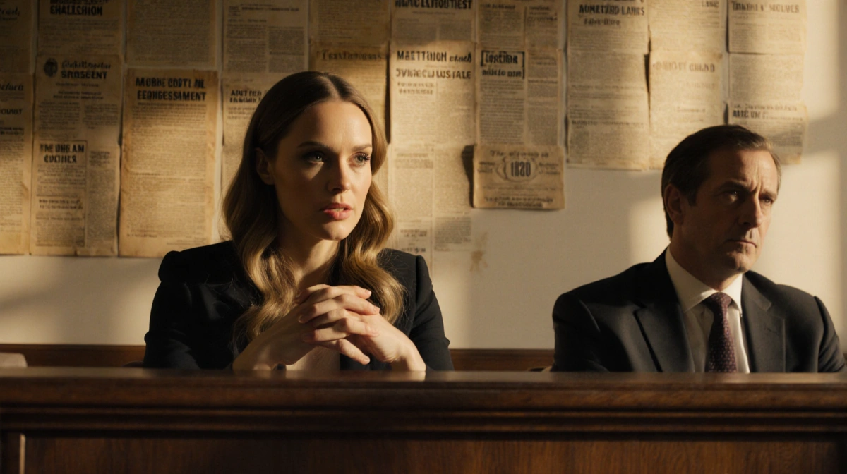 Blake Lively testifying in courtroom with lawyer beside her and justice documents on wall