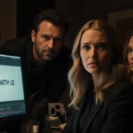 Blake Lively editing at desk with film reels and It Ends With Us on screen while Ben Affleck watches with Jennifer Lopez