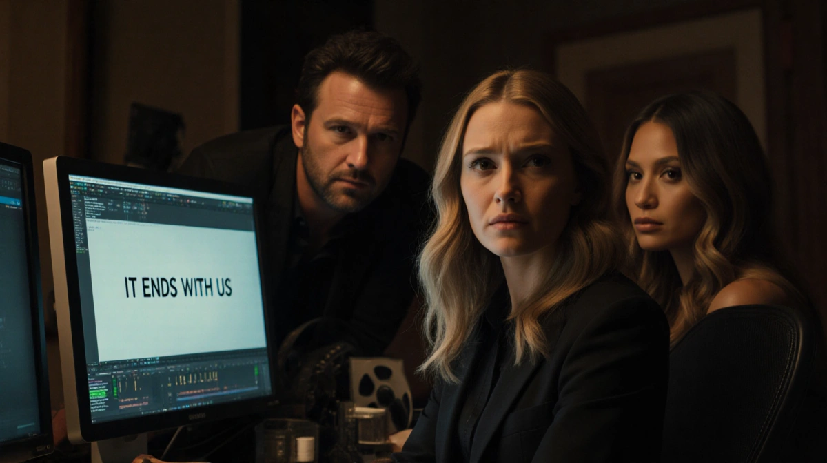 Blake Lively editing at desk with film reels and It Ends With Us on screen while Ben Affleck watches with Jennifer Lopez