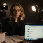Blake Lively sits at cluttered desk with laptop showing emails and movie set lights glowing behind her