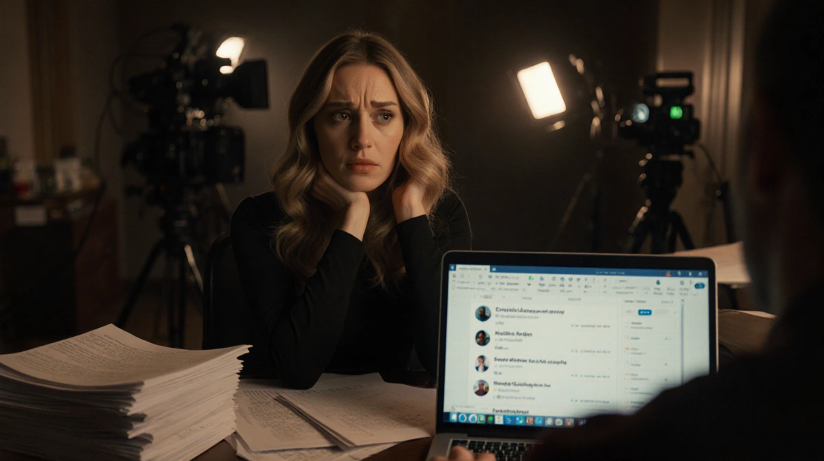 Blake Lively sits at cluttered desk with laptop showing emails and movie set lights glowing behind her