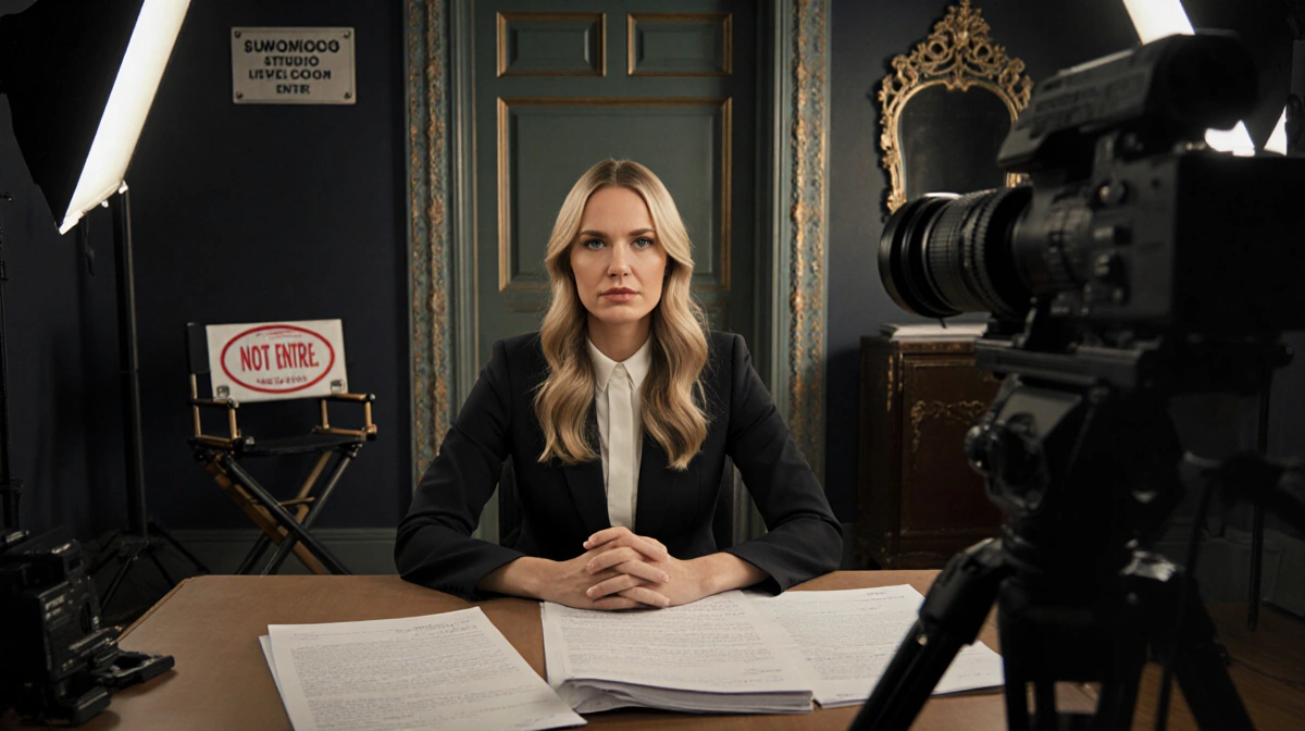 Blake Lively sits sternly at desk with film scripts and cameras while locked studio door shows production tension