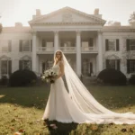 Blake Lively stands before a grand plantation-style wedding venue with wraparound porch and columns shrouded in mist