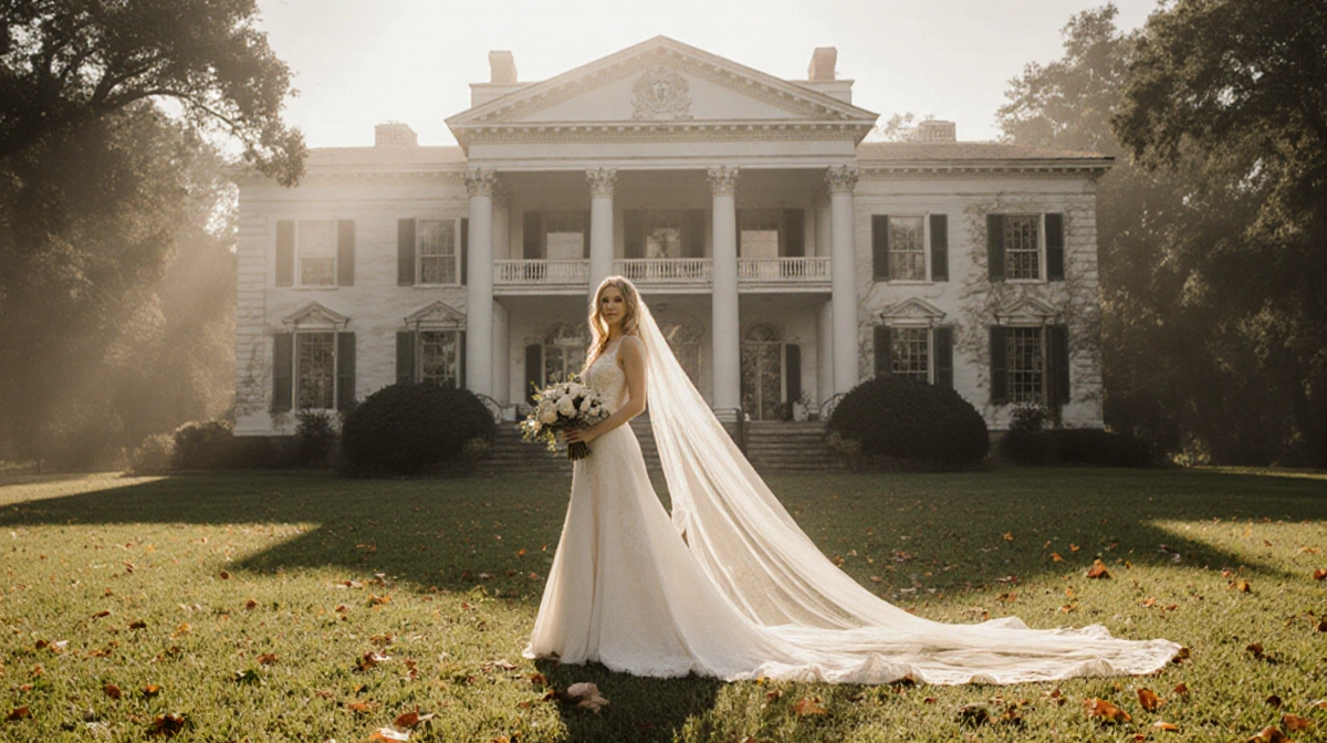 Blake Lively stands before a grand plantation-style wedding venue with wraparound porch and columns shrouded in mist