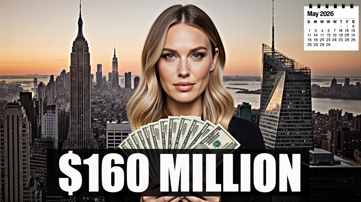 Blake-like woman holding $100 bill stack with NYC skyline and courthouse backdrop text reads $160 million damages and May 202
