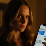 Blake Lively holds phone showing text conversation with Justin Baldoni in dimly lit room and blurred bookshelf nearby.