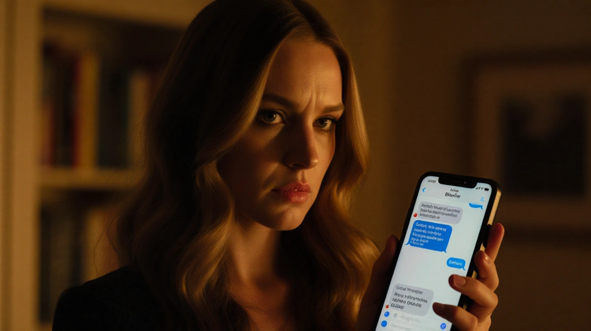 Blake Lively holds phone showing text conversation with Justin Baldoni in dimly lit room and blurred bookshelf nearby.