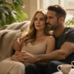 Blake Lively and Ryan Reynolds cuddling on couch with coffee cups and greenery showing cozy couple at home