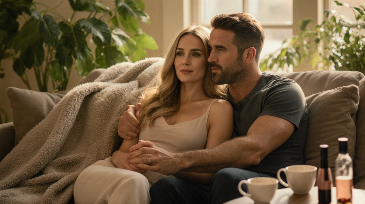 Blake Lively and Ryan Reynolds cuddling on couch with coffee cups and greenery showing cozy couple at home