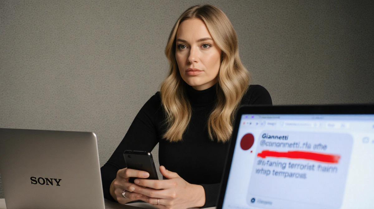 Blake Lively sits at a desk holding a phone with a Sony logo on a notebook showing a blurred red text message