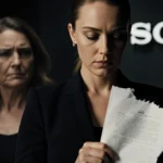 Blake Lively holds a torn contract with a Sony logo behind her and a blurred angry face of Andrea Giannetti in background.