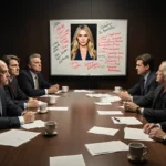 Studio executives meeting around table with Blake Lively photo and red annotations on whiteboard