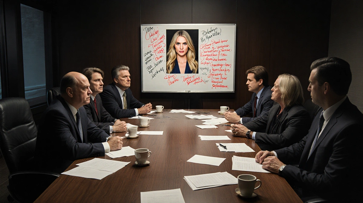 Studio executives meeting around table with Blake Lively photo and red annotations on whiteboard