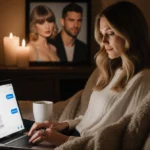Blake Lively sits on a cozy couch typing on a laptop with candles and coffee while Taylor Swift texts appear on the screen
