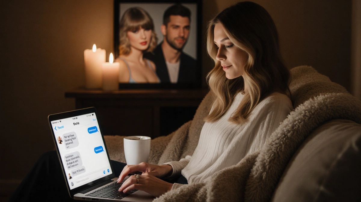 Blake Lively sits on a cozy couch typing on a laptop with candles and coffee while Taylor Swift texts appear on the screen
