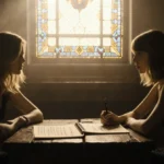 Blake Lively and Taylor Swift sitting on opposite ends of a wooden bench with golden light streaming through a stained glass