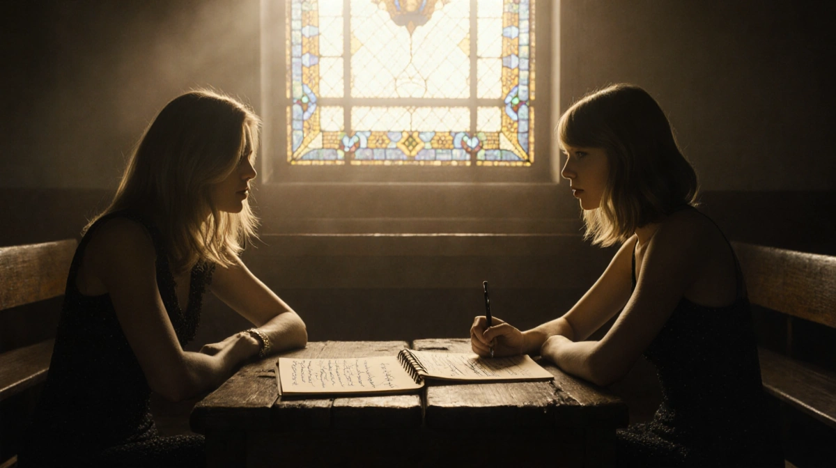 Blake Lively and Taylor Swift sitting on opposite ends of a wooden bench with golden light streaming through a stained glass