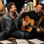 Blake Shelton sitting on leather couch with guitar picks and Adam Sandler giving thumbs-up with Vegas lights behind