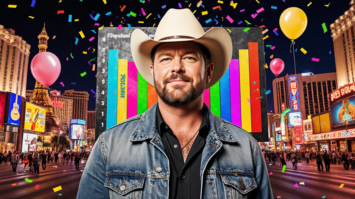 Blake Shelton stands with chart showing 31 colorful bars and Las Vegas strip lights behind him