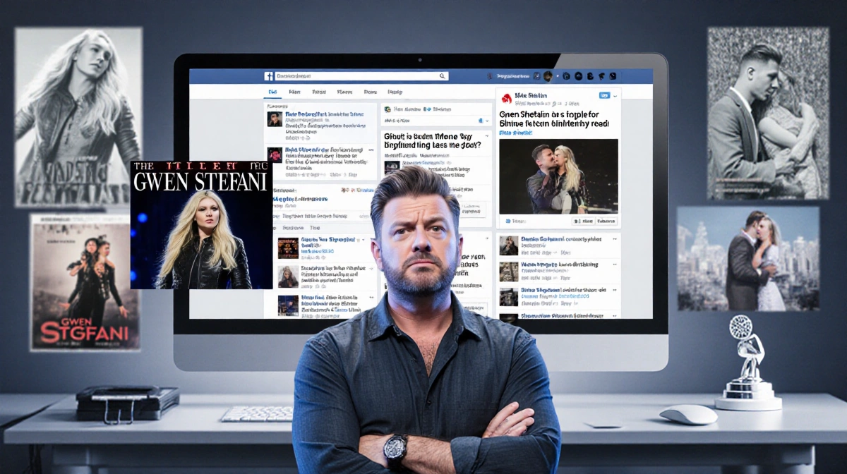 Blake Shelton looking frustrated at computer screen with contradictory social media headlines and Gwen Stefani tour posters i