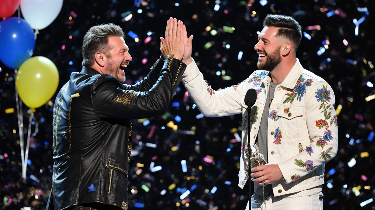 Blake Shelton and Post Malone high-fiving on stage with confetti and balloons celebrating their CMA Award win