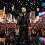 Blake Shelton performing on stage with champagne and Las Vegas skyline behind