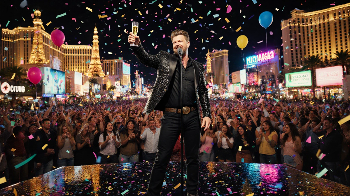 Blake Shelton performing on stage with champagne and Las Vegas skyline behind