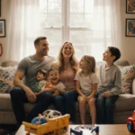 Ryan Lochte laughing with girlfriend and kids on couch with family photos and toys scattered around bright living room