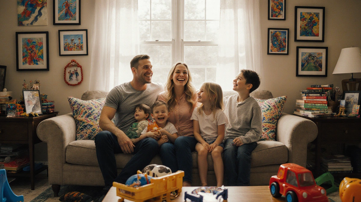 Ryan Lochte laughing with girlfriend and kids on couch with family photos and toys scattered around bright living room